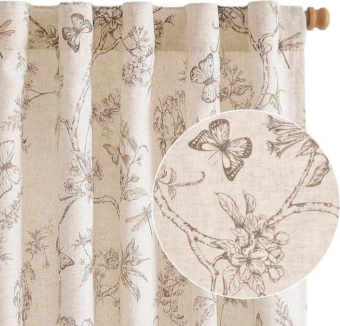 Black Floral Linen Lined Curtains Rod Pocket 50W X 96L 2 Panels | Charlotte by Lazzzy