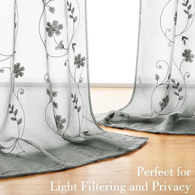 HOMEIDEAS Grey Sheer Curtains 96 Inches Long 2 Panels Embroidered Floral - Image 2