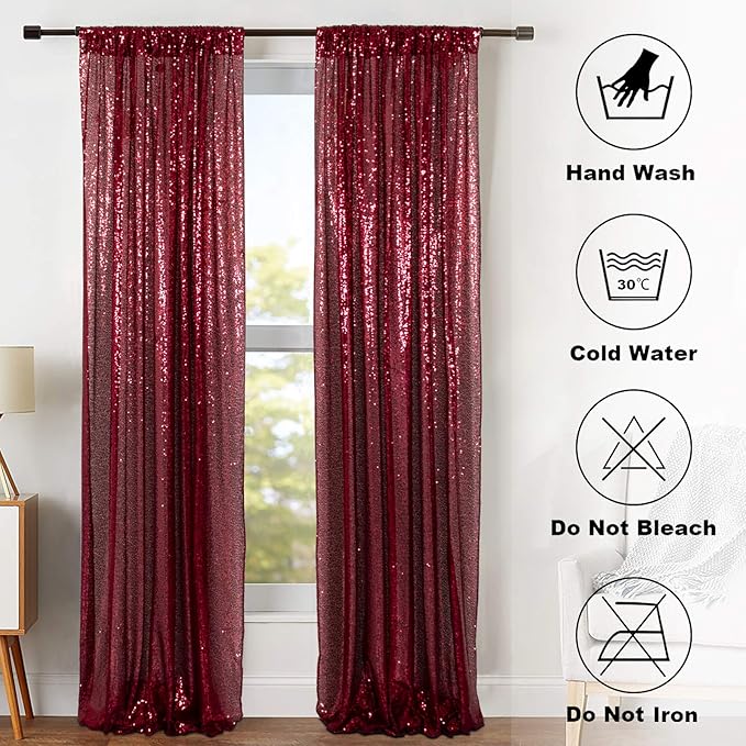 ShinyBeauty Sequin Backdrop 4 Panels Burgundy 2FTx8FT Fabric Photo Curtains for Party Baby Shower Glitter Backgrounds