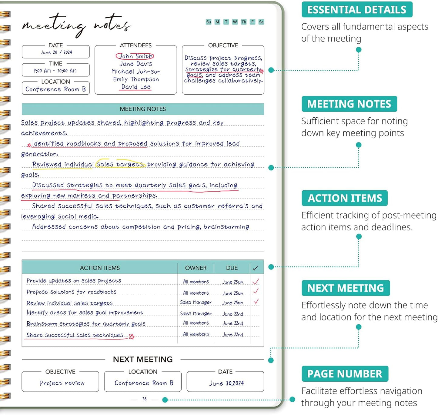 6 Pack of Meeting Notebook for Work Organization - Work notebook with action items, Meeting Minutes Planner Notebook, Perfect Office Supplies for Men & Women - Green