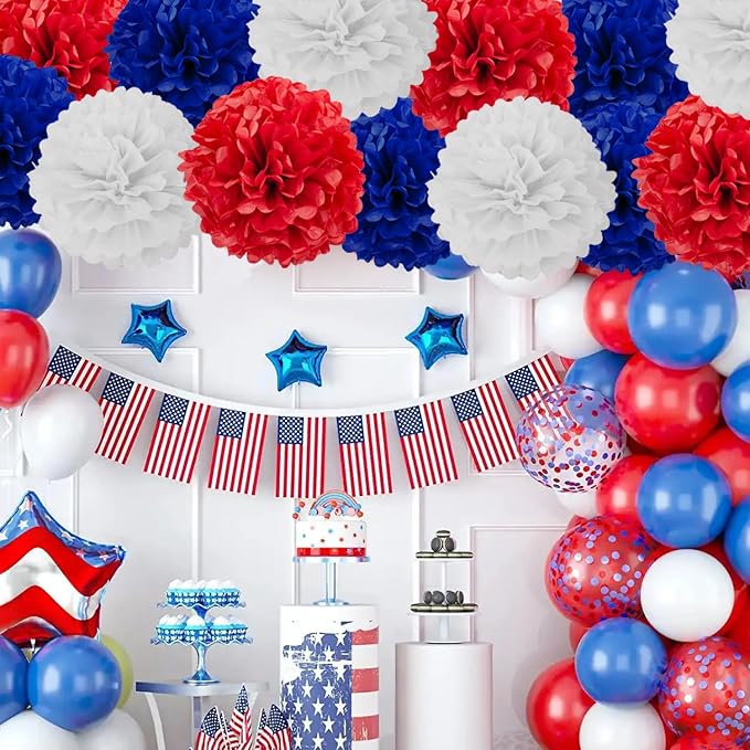 Red White and Blue Tissue Pom Poms Paper Kit DIY Decorative Flowers Ball - Image 2