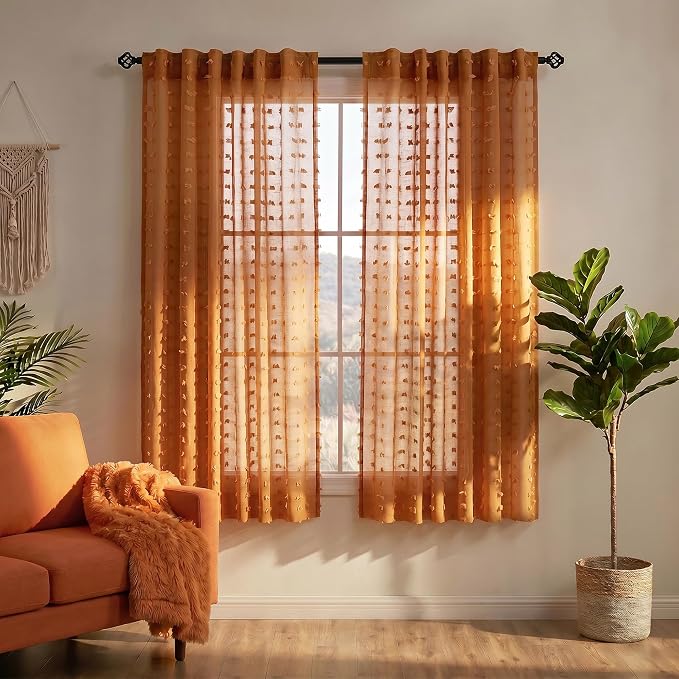 KOUFALL 52x45 Inches Long Burnt Orange Back Tab Rod Pocket Pom Pom Sheer by KOUFALL