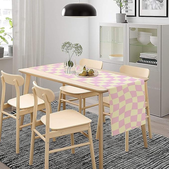 Hippie Table Runner Retro Geometric Square Purple Grid 60s70s Style Kitchen Restaurant Decoration for Indoor and Outdoor Wedding Party Table Runner 13x108 Inch
