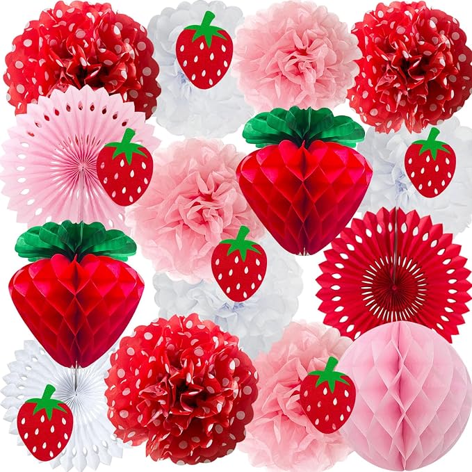 ANSOMO Strawberry Party Decorations Red Pink White Tissue Pom Poms Fans by ANSOMO