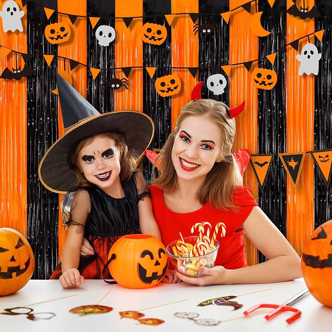 Orange Black Tinsel Foil Fringe Curtains, 2 Pack 3.3x8.3 Feet Party Streamer - Image 3