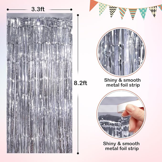 Silver Metallic Tinsel Foil Fringe Curtains, 2 Pack 3.3x8.3 Feet Party Streamer - Image 2