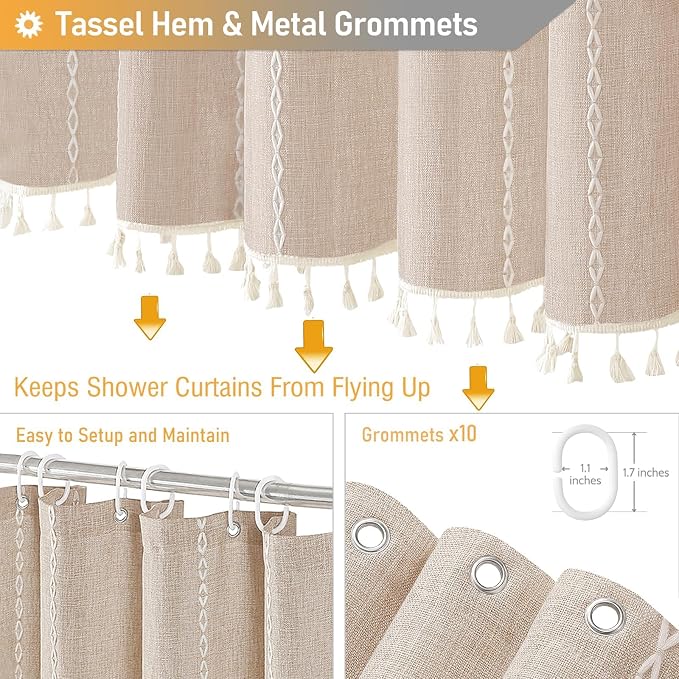 60 x 84 Boho Linen Heavy Duty Cloth Shower Curtain Set, Tan/Taupe | Narrow Long - Image 5