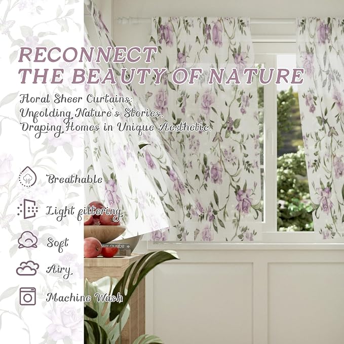 Sheer Curtains 54 Inch Length 2 Panels Set, Lavender Floral Patterned Linen - Image 2