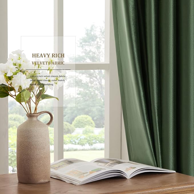BULBUL Velvet Oilve Green Blackout Curtains 102 inch Long - Image 4