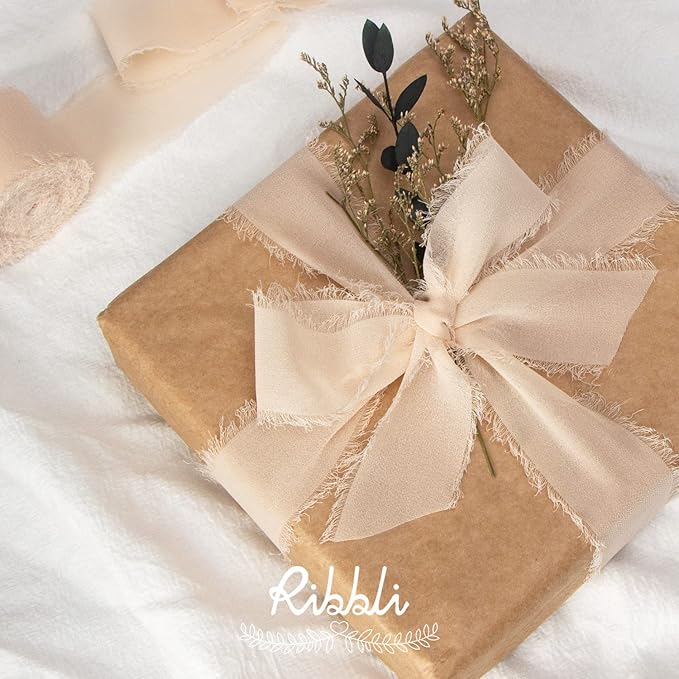 Ribbli Chiffon Ribbon - 1.5 inch x 30 Yard Handmade Silk, White/Ivory/Nude Fringe Chiffon for Wedding Invitations, Gift Wrapping, Bridal Bouquets, Flower Arrangement Decoration