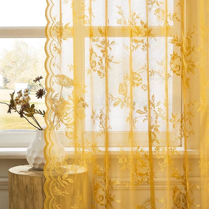 Earth Yellow Lace Curtains 45 Inch Length 2 Panels Set Country Flower Sheer - Image 5