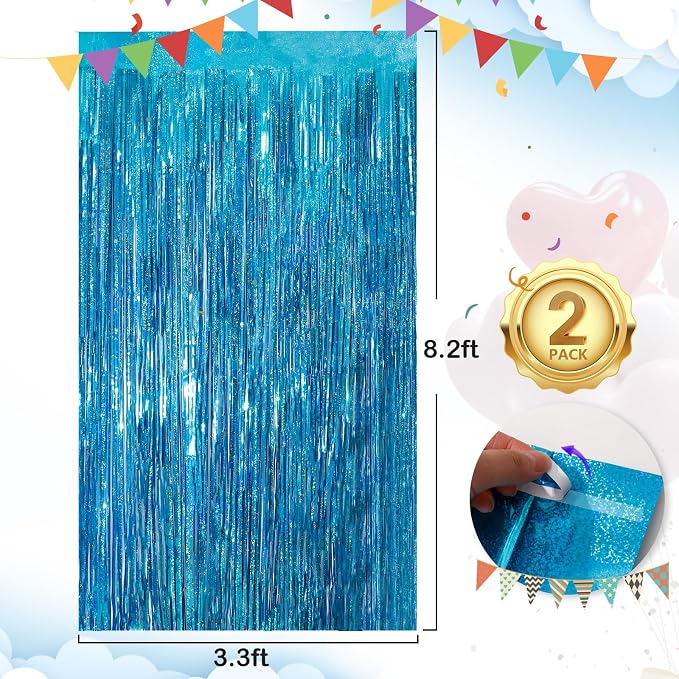 2Pack 3.3x8.3Ft Blue Foil Fringe Streamers Curtain Metallic Foil Tinsel Fringe - Image 3