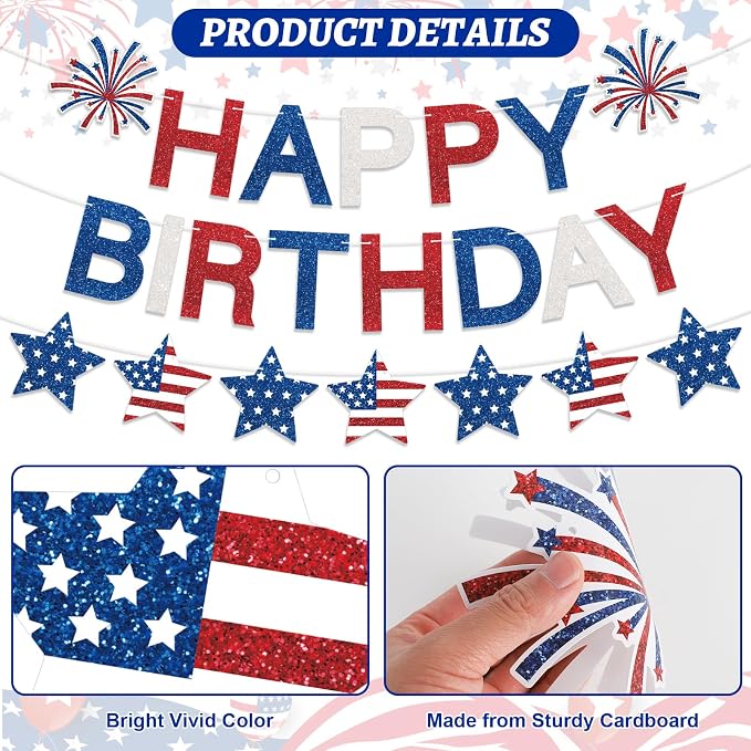 Happy Birthday Banner Patriotic Red White Blue Decorations, Glitter Happy - Image 3