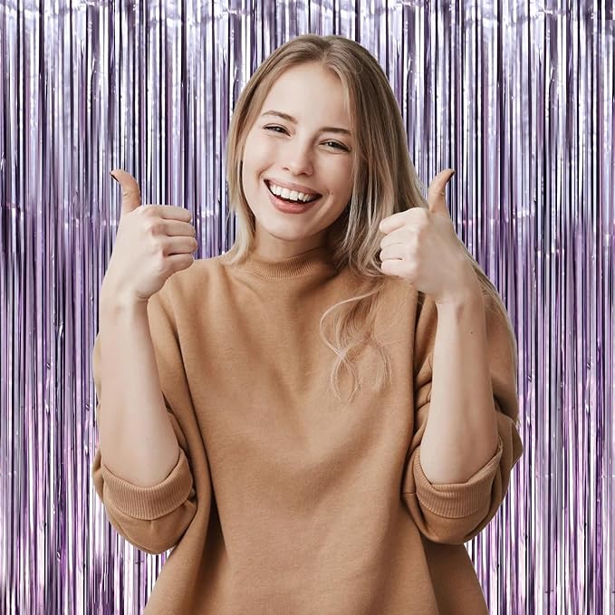 Voircoloria Light Purple Foil Fringe Backdrop Curtains, Birthday Party - Image 5