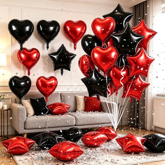 TONIFUL 18 Inch Black Red Star and Heart Foil Balloons - Image 6