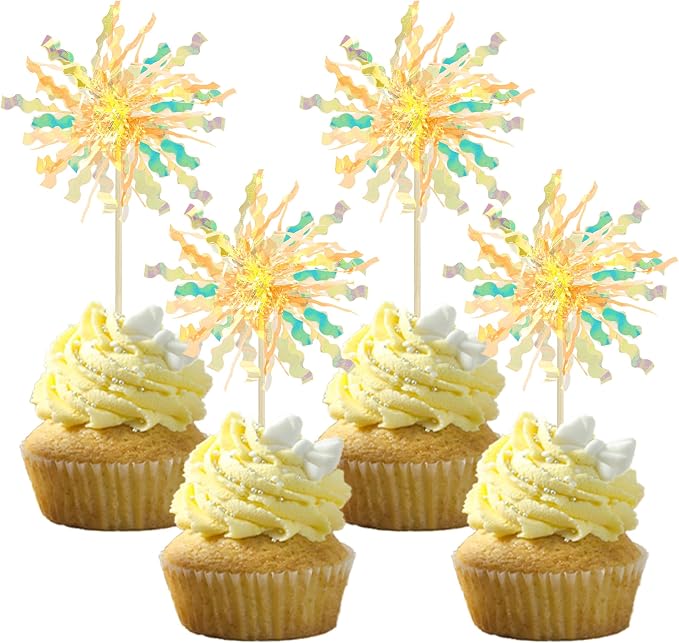 Gyufise 20Pcs Foil Firework Cupcake Toppers Happy Birthday Cake Toppers Tinsel by Gyufise
