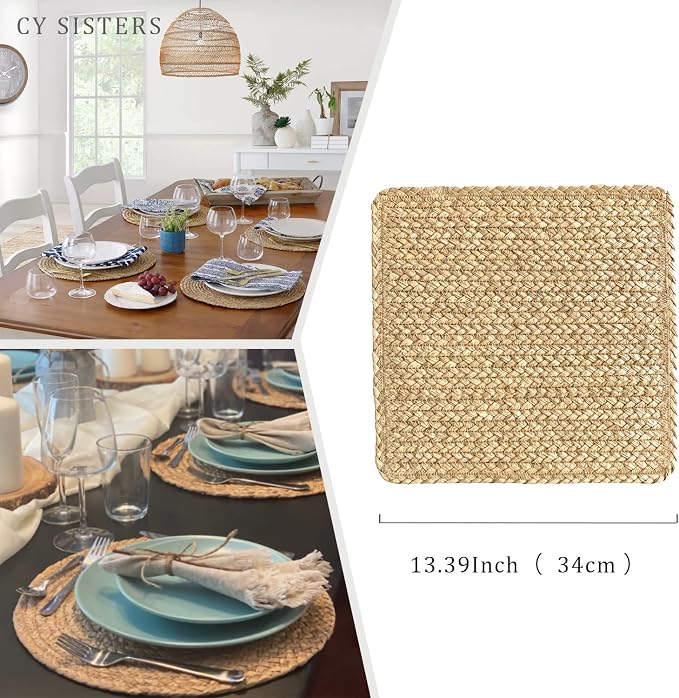 Square Woven Placemats Set of 4 Straw Table Placemat Extra Wide Braided Rattan - Image 4