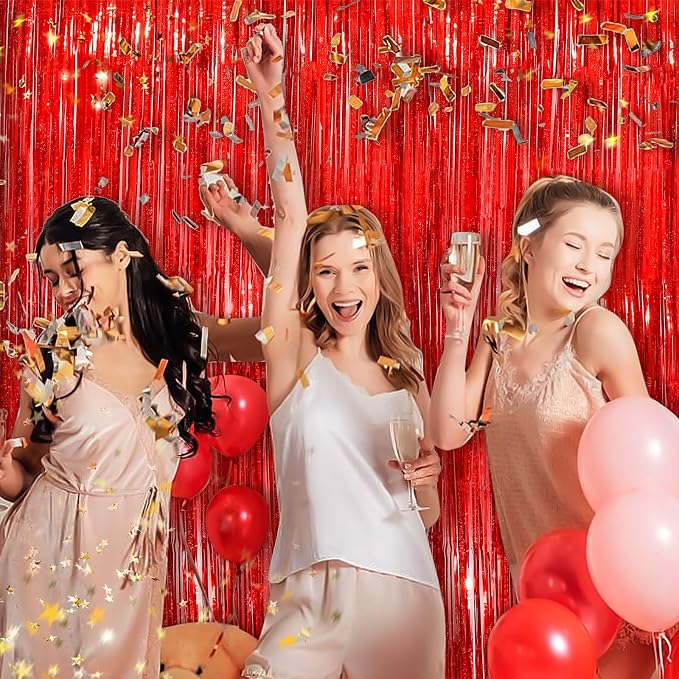 Red Metallic Tinsel Foil Fringe Curtains, 4 Pack 3.3x8.3 Feet Streamer Backdrop - Image 4