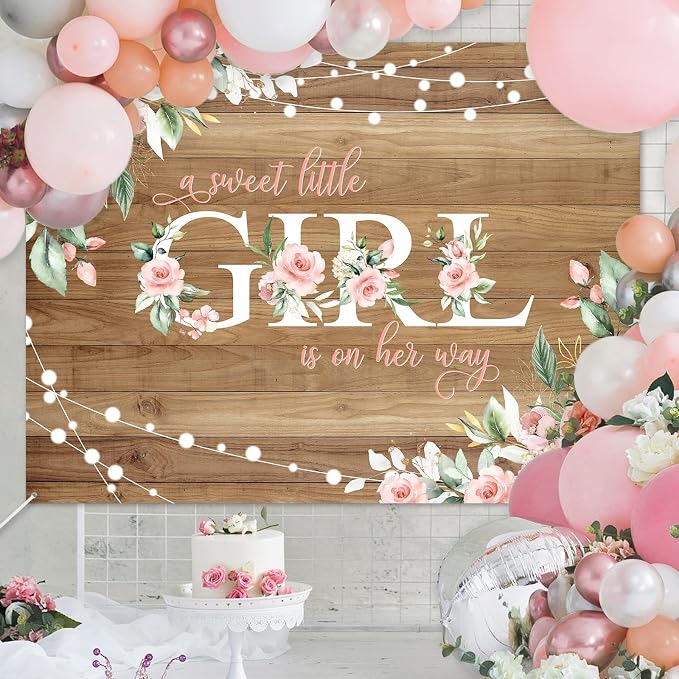 8 x 6 ft Rustic Wood Baby Shower Backdrop A Sweet Little Girl is on Her Way - Image 3