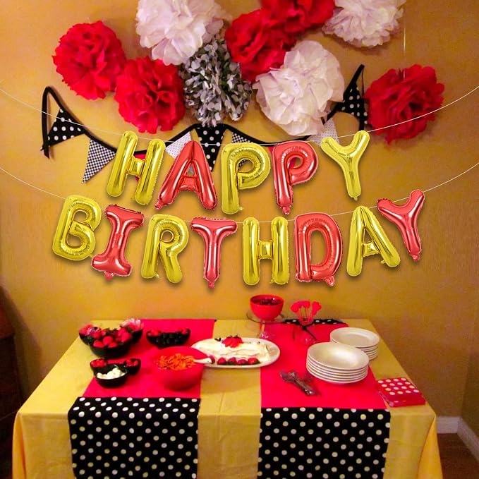 TONIFUL 16 Inch Red Gold Happy Birthday Balloons Banner Decor - Image 3