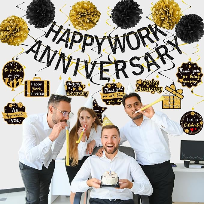 Happy Work Anniversary Decorations Black Gold, Happy Anniversary Banner - Image 4