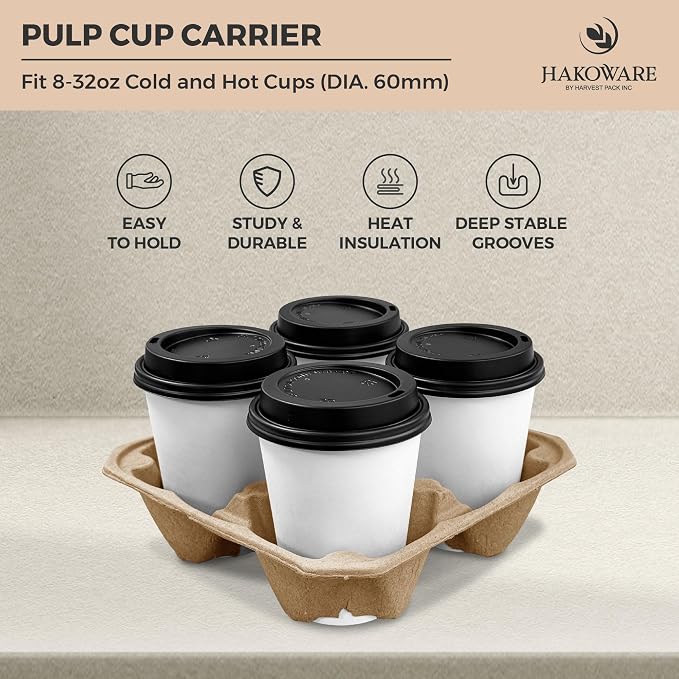 HAKOWARE 8-32oz 4 Cup Disposable Drink Carrier Trays, Compostable Pulp Fiber - Image 3
