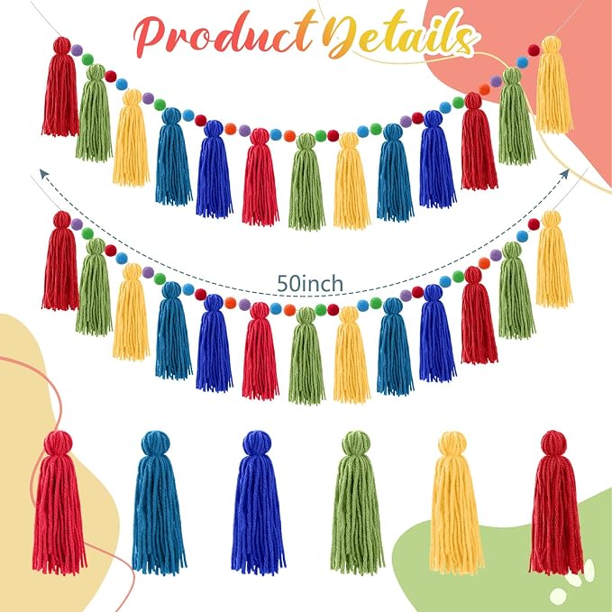 Syhood 3 Pcs Boho Tassel Garland Boho Rainbow Pom Pom Wall Decor Each 50'' - Image 2
