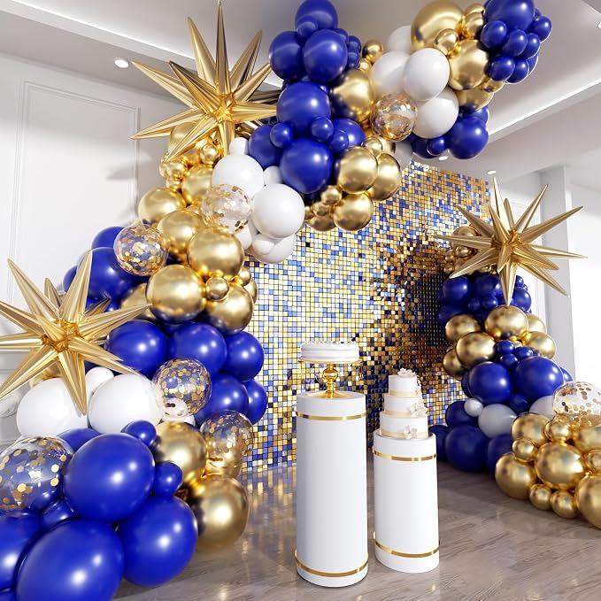 201Pcs Royal Blue and Gold Balloon Arch Kit, Explosion Star Blue Gold and White by ADOINBY
