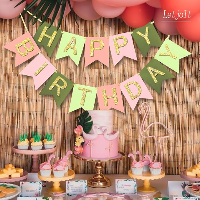 Letjolt Green Pink Happy Birthday Banner Handmade Girls Party 13pcs | Birthday - Image 3