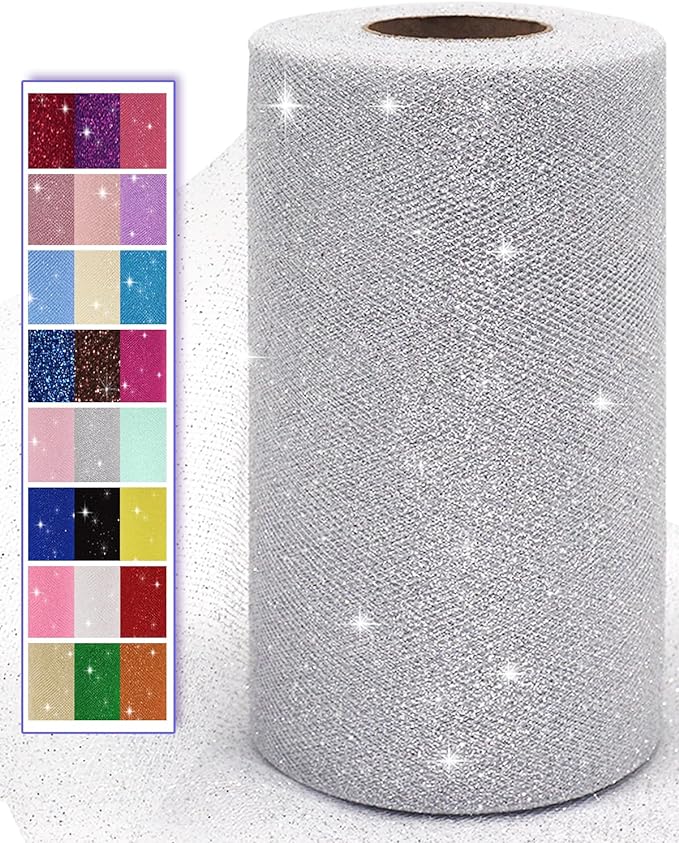 Glitter Tulle Fabric Rolls, 6 Inch 50 Yards (150ft) Sparkling Spool Ribbon Sequin Netting for Tutu Skirt Gift Wrapping Wedding Party Decoration (Silver)