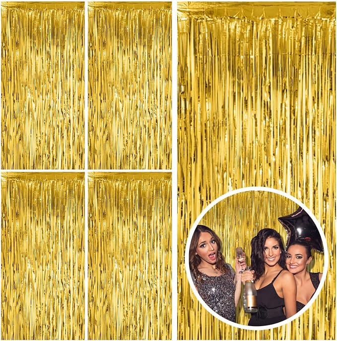 5 Pack Gold Fringe Curtain Backdrop Tinsel Streamers Birthday Party Decorations by BOMSI
