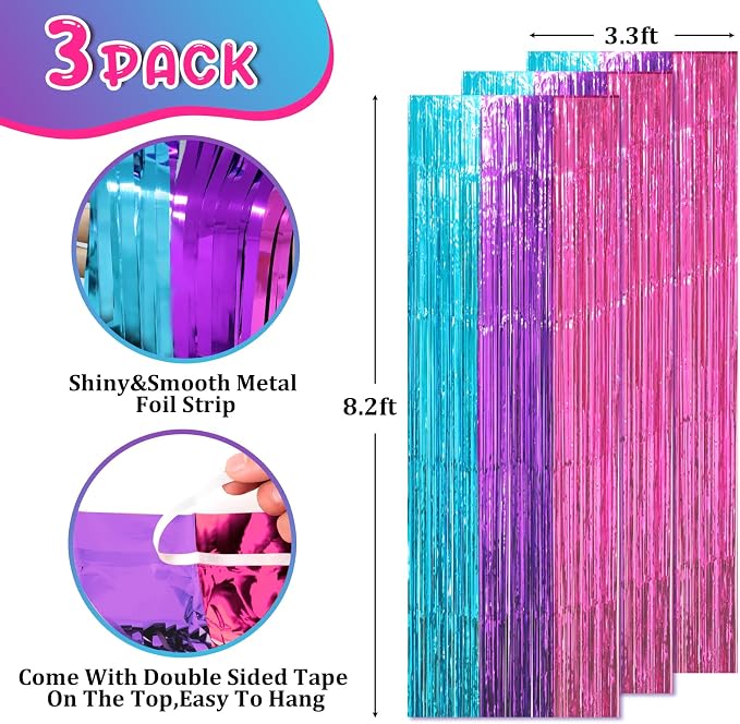 Voircoloria 3 Pack 3.3 x 8.2 ft Blue Purple Pink Foil Fringe Backdrop Curtains - Image 2