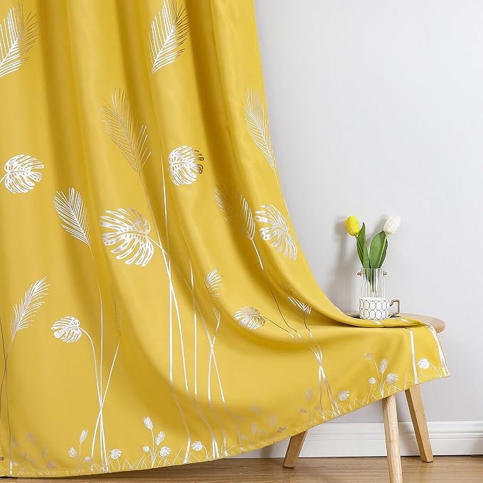 Yellow Blackout Curtains for Living Room, Room Darkening Silver Palm Tree - Image 7