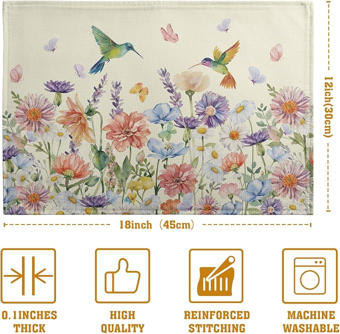 Flowers Bird Spring Summer Placemats Set of 4 Watercolor Floral Hummingbird - Image 4