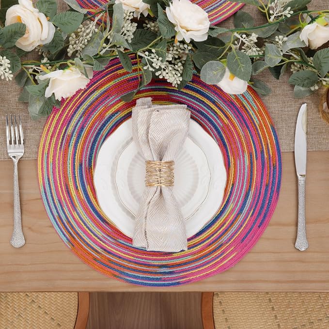 SHACOS 15 inch Round Placemats Set of 6 Variegated Multicolor Place Mats Cotton - Image 4