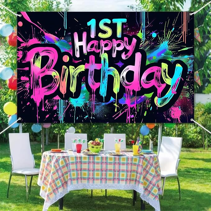 HOMETITUTE Neon 1st Happy Birthday Banner 71x43 Inch Paint Splatter Backdrop - Image 6