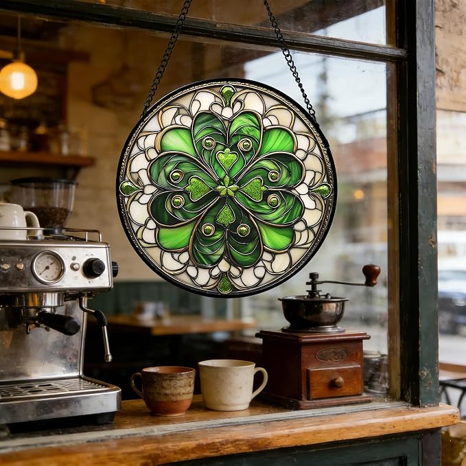 DASTOLL Stained Glass Window Hanging St. Ripak Festival Green Lucky Clover 9.8" - Image 6