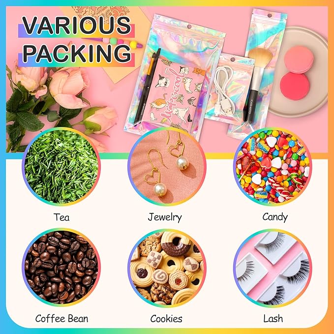 Funfery 100 Pack Smell Proof Holographic Bags Clear Resealable Bags,Mylar Foil Bag with Zipper,Sealing Pouch Packaging Bag for Food Storage,Candy,Party Favor Sample Business Supplies(4.7x7in)