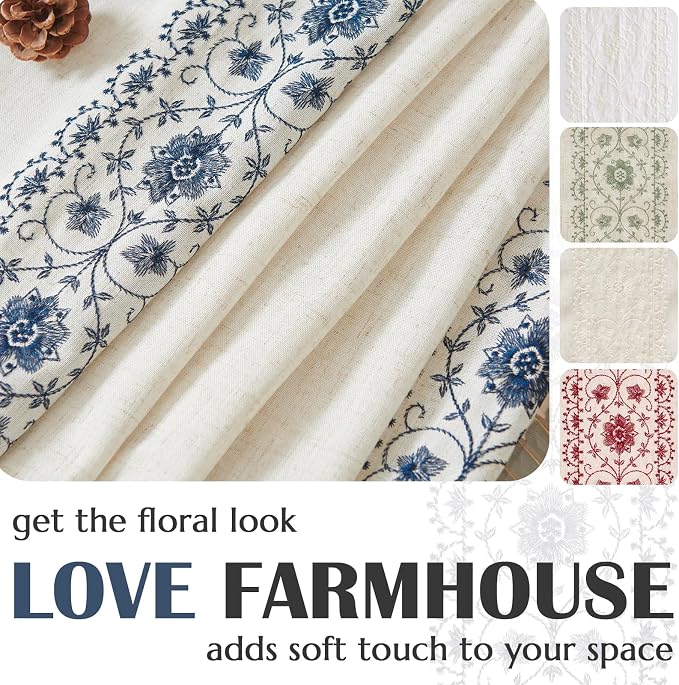 jinchan Floral Linen Curtains Embroidered Back Tab 50x108in 2 Panels Blue | - Image 5