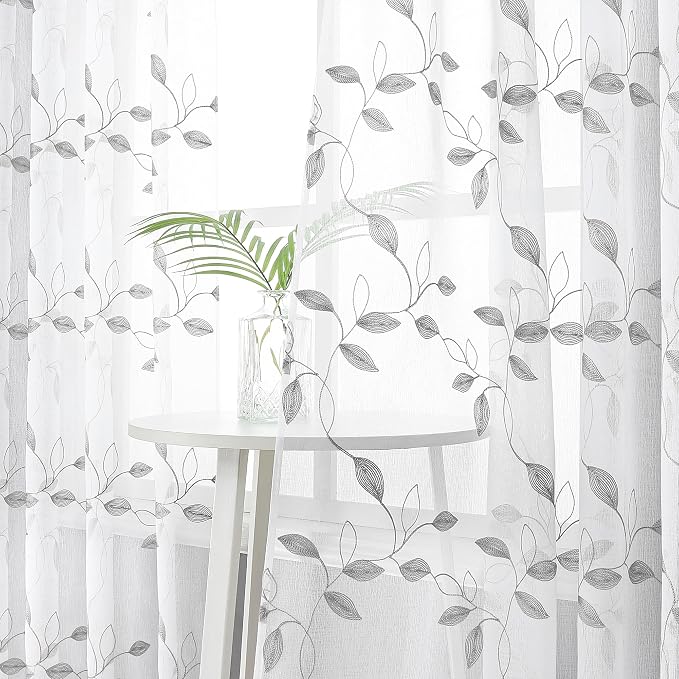 Tollpiz Grey Leaf Sheer Curtain Bedroom 38 x 63 Inches | Leaves Embroidered - Image 2