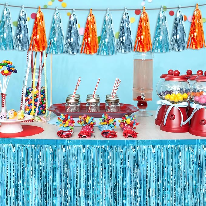 3P Lake Blue Light Blue-Orange Tassel Banner Garland Metallic Foil Fringe - Image 6