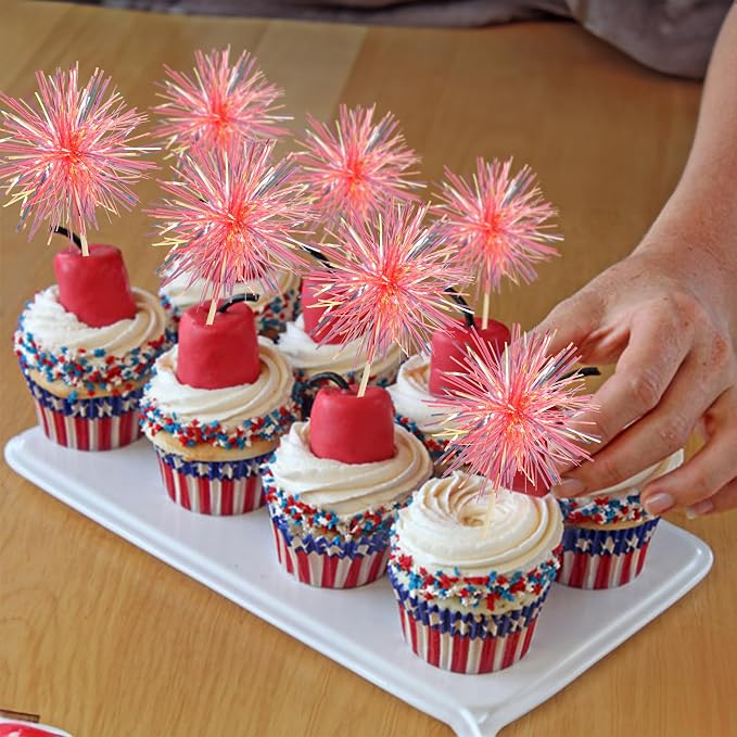 Gyufise 30Pcs Foil Firework Cupcake Toppers Sparkle Tinsel Cake Toppers Tinsel - Image 6