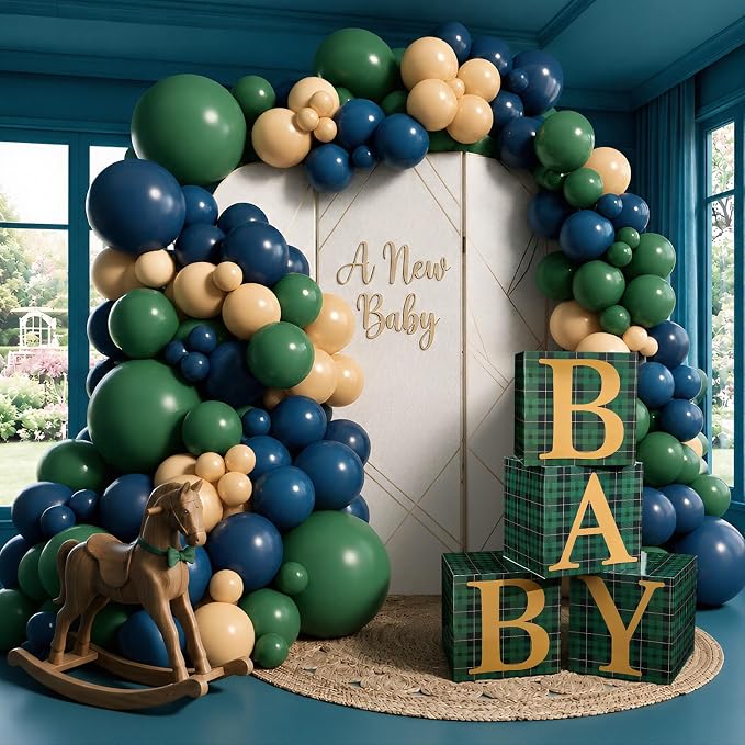 156 Pcs Green Blue Tartan Plaids Bear Baby Shower Decorations | Luxury by Unknown