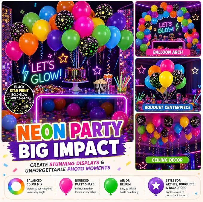 Neon Balloons, 80s 90s Balloons 12 Inch Yellow Orange Hot Pink Purple Lime - Image 3