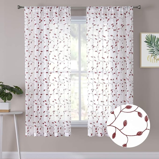 Tollpiz Leaves Short Sheer Curtains Burgundy Red Leaf Embroidery Living Room by Tollpiz