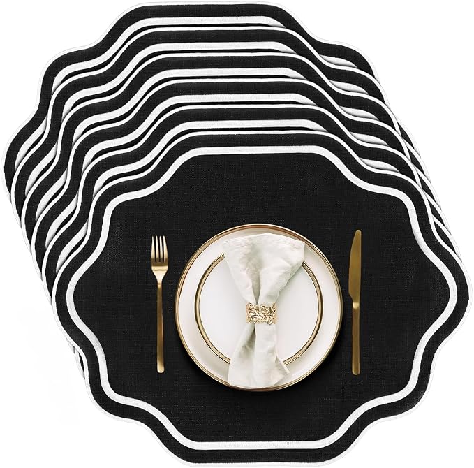 6 Pcs Black Wedding Placemats Scalloped Embroidered Cotton Linen Placemats 17" by Breling