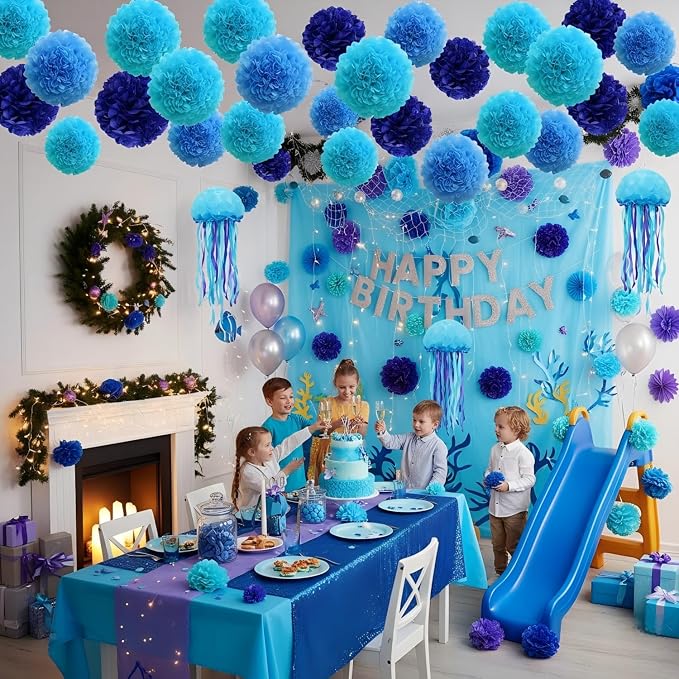 12Pcs Blue Hanging Tissue Paper Pom Poms, Pompoms Flowers - Image 3