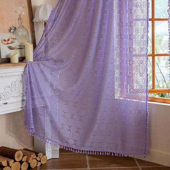 YJ YANJUN Boho Lace Curtains, Light Purple Sheer Panels, 59x96 inch, Pair | - Image 3