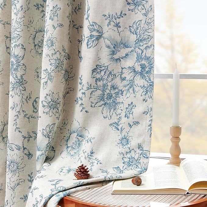 jinchan Blue Floral Linen Blackout Curtains Lined 84 Inch Back Tab 2 Panels | - Image 3