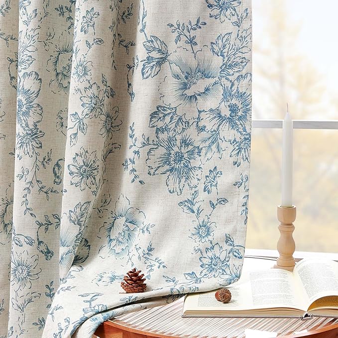 jinchan Blue Floral Linen Blackout Curtains Lined 96 Inch Back Tab 2 Panels | - Image 3
